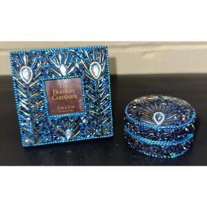 The Bombay Company 2 Piece Set Hand Beaded Blue Peacock Trinket Box and  Frame